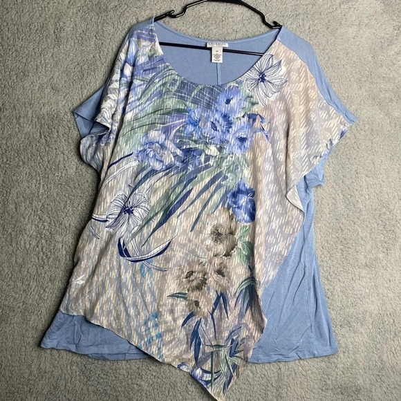Catherines short sleeve layered floral blouse top geometric stetch spring 0X - Picture 1 of 12